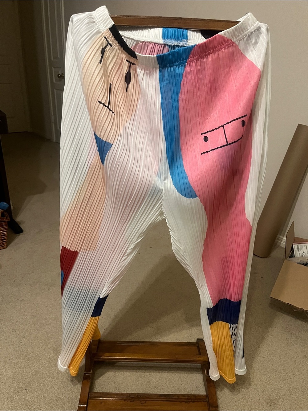 Pleated Wide-Leg Colorblock Jumpsuit Pants - White with Pink & Blue